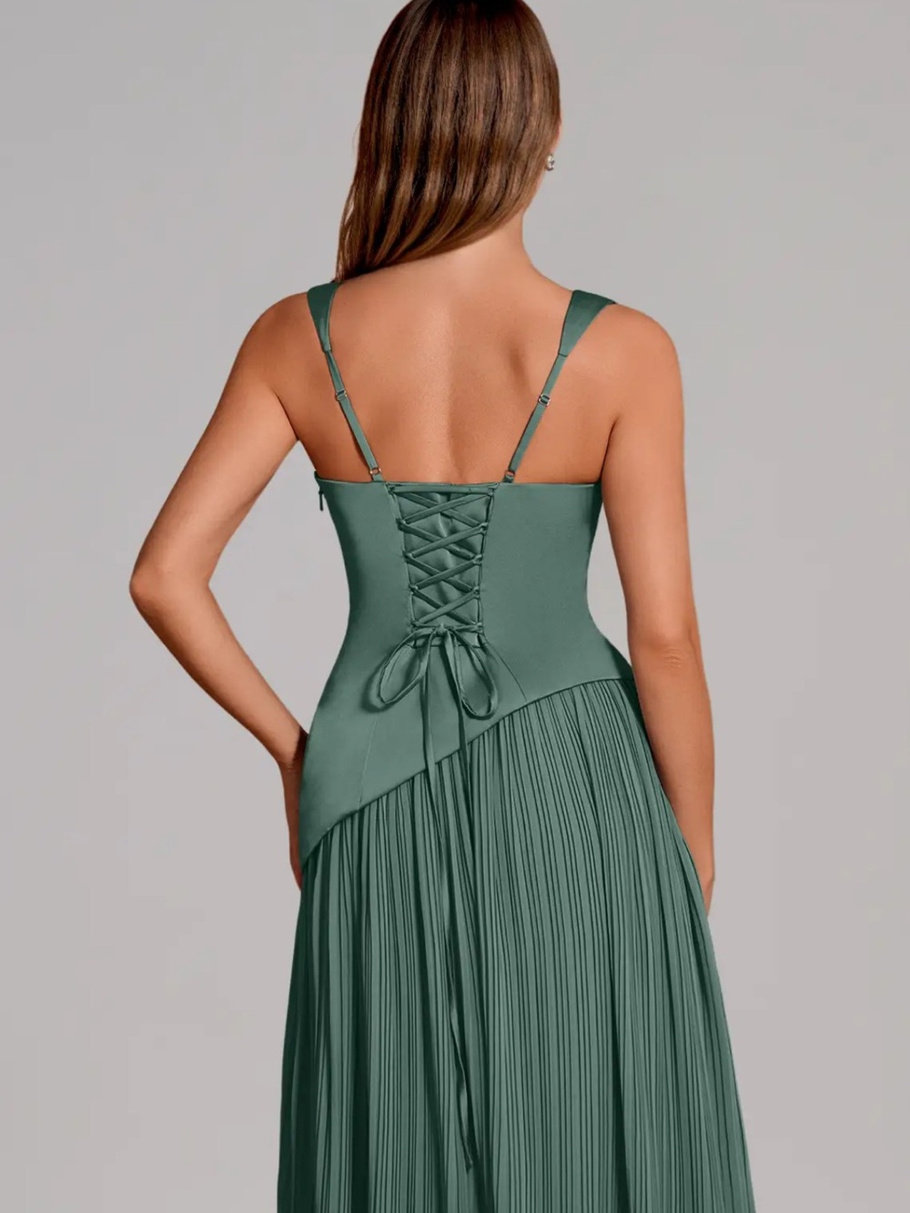 Azazie Stephanie Eucalyptus Pleated Maxi Corset Back Bridesmaid Dress - Picture 2 of 3